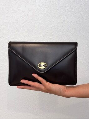 Auth Vintage 1990s Celine Triomphe Envelope Dark Brown Leather Clutch Bag